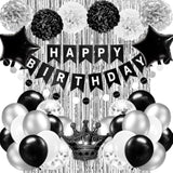 Black & Silver Birthday Decorations – Banner, Balloons, Foil Curtains for All Ages