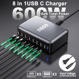 600W Usb Charging Station,8-In-1 Multiple Usbc Charger Block,Dual Pd 140W Laptop Fast Charger Adapter,Multiple Devices Hub Compatible With Macbook Pro/Air,Dell,Iphone15/16,Galaxys24/S23 And More