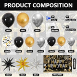 Happy 2026 New Year Balloon Set with Black, Gold, and Silver and Party Banner