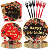 Hibachi Birthday Party Decorations - 96 Pcs Red Black Disposable Paper Dessert Plates Napkins Forks Tableware Set Oriental Crane Plum Folding Fans Japanese Supplies Favors Serves 24 Guests