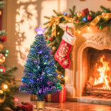 3Ft Pre-Lit Mini Fiber Optic Tabletop Artificial Christmas Tree Small Xmas Tree With Stars Decorations-Transparent