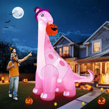 13FT Giant Halloween Inflatables Decorations Outdoor Pink Dinosaur, Huge Halloween Blow Up Yard Decorations Dino with Large Pumpkin Witch Hat Build-in LED Light Strong Blower for Party Lawn