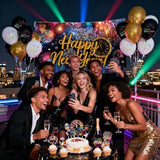 2026 Neon New Year Party Kit with Rainbow Banner, Foil Balloons, and Cake Toppers