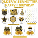 11Pcs Happy Birthday Decorations Kit For Men Women, Black Gold Happy Birthday Banner, Older Wiser Hotter Glitter Banner Party Supplies, Bday Decor Centerpieces Swirls Table Topper Sign