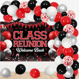 Class Reunion Party Decorations - Red And Black Balloon Garland Arch Kit With Welcome Back Class Reunion Backdrop, High School Reunion Party Photography Background Supplies