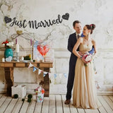 Black Just Married Banner - NO DIY, Glitter Wedding Party Banner,Just Married Signs, Bachelorette/Bridal Garland,Engagement Party Decor Supplies, Wedding Reception Party Decorations.