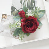 Wrist Corsage And Boutonniere Set Artificial Rose Flowers Accessories For Groom Bride Groomsmen Bridesmaids Wedding Party Prom Suit - Burgundy 2 Pieces