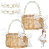 2 Set Wicker Flower Girl Basket & Headpiece, Willow Handwoven Basket With Pearl Handle And Bow Fairy Flower Basket,Wedding Flower Girl Hair Accessory Pearl Headband For Women