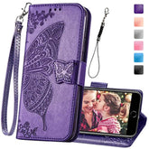 Wallet Case For Iphone Se 2020/Se 2022/Iphone 8/Iphone 7,Women Butterfly Embossed Pu Leather Stand Card Slots Wrist Strap Flip Folio Cover For Iphone 6/6S/7/8/Se 2Nd/Se 3Rd Gen (Purple)