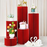 Cylinder Stands For Party 5Pcs Round Pedestal Stand Foldable Cardboard Columns Cylinder Tables For Parties Baby Shower Birthday Wedding Pillars Display Decoration (Red,5Pcs)