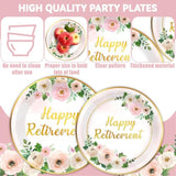 200Pcs Flower Retirement Party Decor For Women White Peony Happy Retirement Plates Tableware Pink Gold Floral Retirement Dinnerware Napkin For Goodbye Going Away Farewell Party Supplies 50 Guests