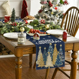 Xmas Trees Snowflakes Blue Merry Christmas Table Runner, Winter Seasonal Kitchen Dining Table Decoration For Home Party Decor 13X72 Inch