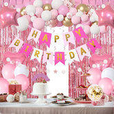 Pink Gold Birthday Party Decorations, Happy Birthday Banner, Pink Fringe Curtain, Heart Star Foil Confetti Balloons, Hanging Swirls For Women Girls Birthdays Princess Party