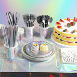 Iridescent Silver Party Supplies Decorations, Holographic Paper Plates And Napkins Set, Disposable Silver Paper Plates Cups Knives Spoons Fork Straw For Disco Bachelorette Birthday Party, Serve 25