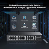 24 Port Poe Switch With 2 Gigabit Uplink, 100Mbps Poe+ Ports, 1000Mbps Uplink, Ieee802.3Af/At, Max 300W, Vlan & Poe Extend 250M, Rackmount Fanless Unmanaged Ethernet Switch