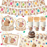 Capybara Birthday Party Decorations, 182Pcs Capybara Party Tableware Set, Capybara Party Supplies Including - Plates, Cups, Napkins, Tablecloth, Cutlery & Happy Birthday Banner, Serves 24