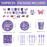 169Pcs Purple Music Birthday Decorations Pop Star Party Decorations Purple Birthday Plates Napkins Cups Banner Cutlery, Purple Party Supplies, Serves 24