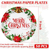 50 Pcs Christmas Paper Plates, 9'' Christmas Party Plates, Disposable Holly Poinsettia Design Merry Xmas Holiday Dinnerware For Xmas Party Supplies Winter Decorations