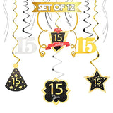 Happy 15th Birthday Decorations 12pcs Black Gold Foil Swirls Streamers