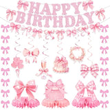 Pink Bow Birthday Party Decorations Girl Bow Themed Party Decor Include Happy Birthday Banner Hanging Swirls Table Honeycomb Centerpieces Hanging Banners For Girls Baby Shower Birthday Party Decor
