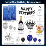 Blue and Black Birthday Decor with Banner, Balloons, and Fringe Curtains