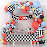 Race Car Balloon Garland Kit – Pastel Coral, Blue, Yellow, Black, White Balloons & Decor Set
