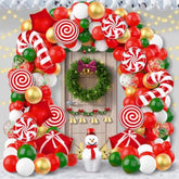 165Pcs Christmas Balloons Garland Arch Kit, Xmas Red White Green Holiday Party Balloon Decorations With Candy Cane Gifts Box Red Star Foil Balloons For Christmas Themed Birthday Party Supplies