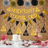 Holy You'Re Old Banner Decorations Kit,20Pcs,Gold Funny Adult Birthday Party Decor Sign For 30Th-40Th-50H-60Th-70Th-80Th-90Th Birthday,Including Holy You'Re Old Banner, 12Pcs Swirl, 6Pcs Poms