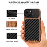 Compatible With Iphone 13 Case Wood Grain With Carbon Fiber Texture Design Leather Hybrid Case Compatible For Iphone 13 6.1-Inch Released In 2021 Black
