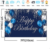 Navy Bluey and Silver Happy Birthday Backdrop Banner Sign for Favor Men Women Retirement Photography Background Party Decorations Supplies 7x5ft