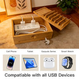 Bamboo Charging Station Organizer for Multi-Devices with Tray, Nightstand Desk Electronic Organizer Stand for Cell Phone, Tablet, Etc (with 5-Cable,