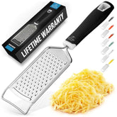 Professional Cheese Grater Stainless Steel - Durable Rust-Proof Metal Lemon Zester Grater With Handle - Flat Handheld Grater For Cheese, Chocolate, Spices, And More - Black