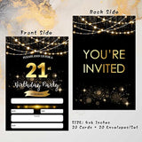 21Th Birthday Invitations With Envelopes - Black Gold Glitter Fill-In Invites Cards - Surprise Birthday Party Invitation Card For Him/Her - Adults Birthday Party Favors Supplies Decorations (20 Pack)