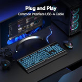 TECKNET Large Print Backlit Keyboard, Wired USB-A Computer Keyboard with Wrist Rest, 7-Color Backlit, Oversized Letter Keys Easy to See, Plug-and-Play, Silent, Foldable Stands for Windows/PC/Laptop