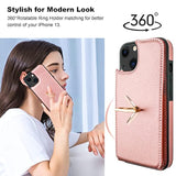 Compatible With Iphone 13 Case Wallet With Card Holder, 360°Rotation Finger Ring Holder Kickstand Protective Rfid Blocking Pu Leather Double Buttons Flip Shockproof Cover 6.1 Inch Rose Gold