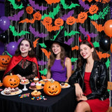 2 Pack Halloween Bat Foil Fringe Curtains 3.3x6.6ft Backdrop Purple Green Orange
