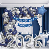 Blue Graduation Decorations-Navy 2025 Graduat-ion Balloon Arch Kit Graduation Decorations Class Of 2025 With Blue Silver Balloons, Banner, 2025 Balloon,Fringe Backdrop