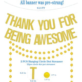 Pre-Strung Thank You For Being Awesome Gold Glitter Banner,No Need Diy Cute Banner Sign With 2Pcs Hanging Circle Dot Streamer For Graduation Retirement Going Away Office Work Job Change Goodbye Party