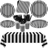 113 Pieces Black And White Striped Party Supplies Table Decorations Includes Paper Napkins Cups Plates Knives Forks Spoons Tablecloth Disposable Tableware Set For Birthday Graduation Wedding