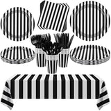 113 Pieces Black And White Striped Party Supplies Table Decorations Includes Paper Napkins Cups Plates Knives Forks Spoons Tablecloth Disposable Tableware Set For Birthday Graduation Wedding