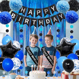 Blue And Black Birthday Decorations, 50Pcs Happy Birthday Decorations For Men With Banner Balloons Sash Foil Fringe Curtain Paper Pompoms, Blue Party Decoration Party Supplies For Boys Kids