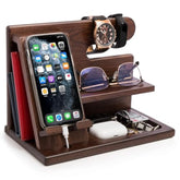 TESLYAR Wood Phone Docking Station for Men - Desktop or Nightstand Organizer - Birthday Gifts for Men, Dad - Anniversary Idea from Wife - Key Holder, Stand Wallet, Watch & Essentials (Antique Brown)