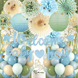 Dusty Blue Sage Green Baby Shower Decorations -Welcome Baby Boy Banner, Retro Sea-Blue Green Balloons, 'Oh Baby' Cake Topper, Pom Poms Flowers Paper Fan For Birthday Jungle Boho Blue-Party Décor