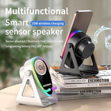 5-in-1 Wireless Induction Bluetooth Speaker with Phone Stand, Wireless Charging, 4-13" Device Fit, 1800mAh RGB Lighting Induction Speaker for Men