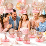 9 Pcs Birthday Table Decorations, Pink Rose Gold Honeycomb Centerpieces