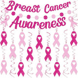 23Pcs Breast Cancer Awareness Decorations - Pink Ribbon Hanging Swirl Banner Accessories for Party Supplies Decor