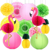 13 Pcs Hawaiian Party Honeycomb Paper Cutouts, Tropical Flamingo Honeycomb Paper, Flamingo Pineapple Fan Lantern Pom Flowers Honeycombs For Tropical Summer Beach, Birthday, Luau Party Supplies