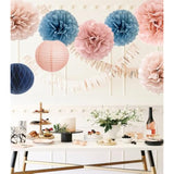 Dusty Pink Blue Hanging Party Decorations With Tissue Pom Poms And Paper Lantern For Bridal Baby Shower Gender Reveal Birthday Decor Supplies (Dusty Blue + Rose Gold)