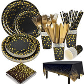 129-Piece Black and Gold Party Dinnerware Set for Events