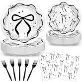 96Pcs Black Bow Plates And Napkins Black Bow Birthday Party Decorations Balck And White Bow Birthday Decorations Disposable Tableware Serve 24